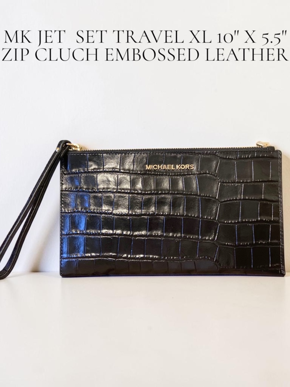 MICHAEL KORS Jet Set Travel XL Zip Clutch Embossed Black Leather 10" X 5.5"